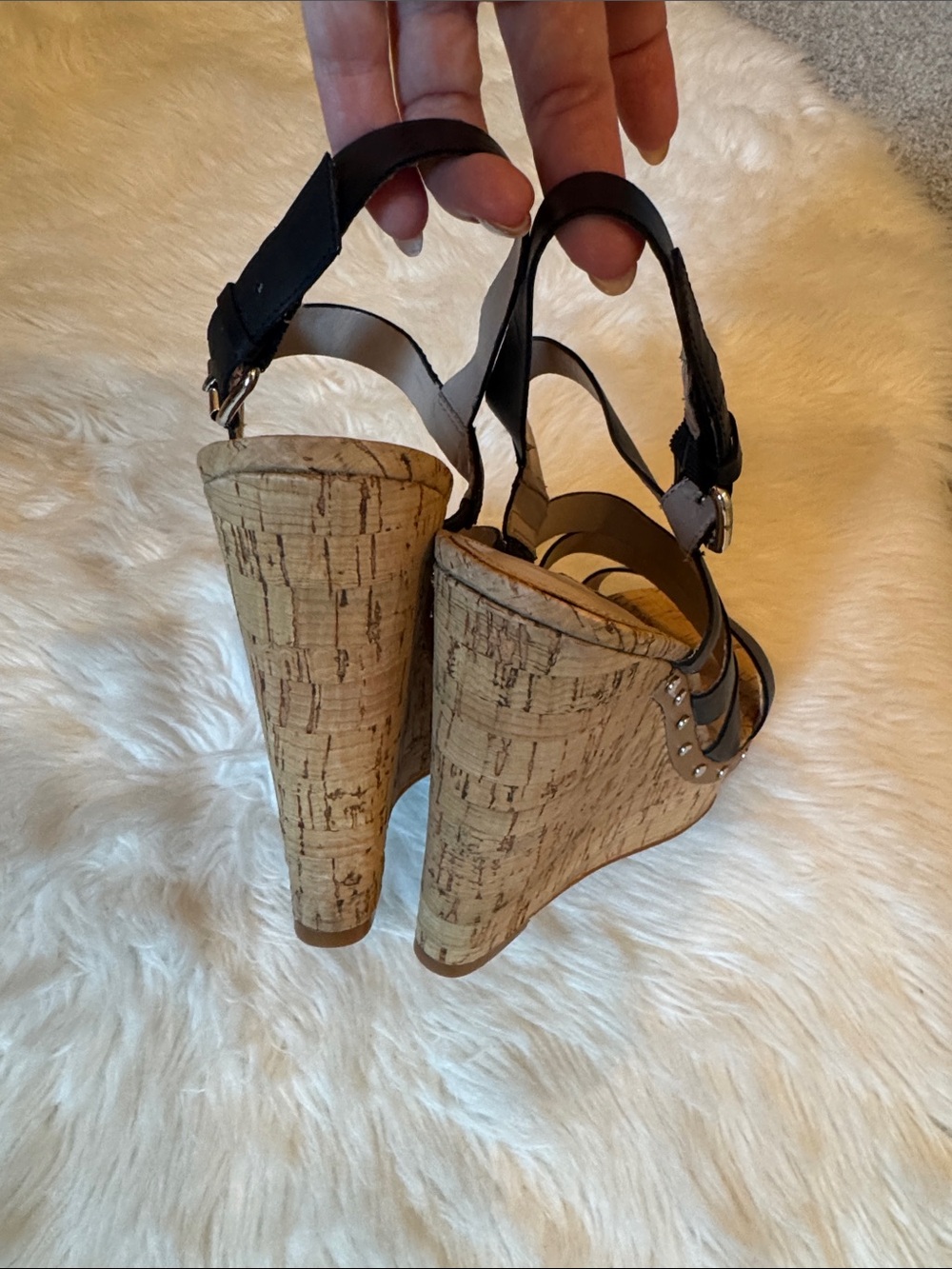 VGUC Size 8.5 French Connection Black Multi-Strap Dion Cork Wedge Sandals! - Picture 3 of 15